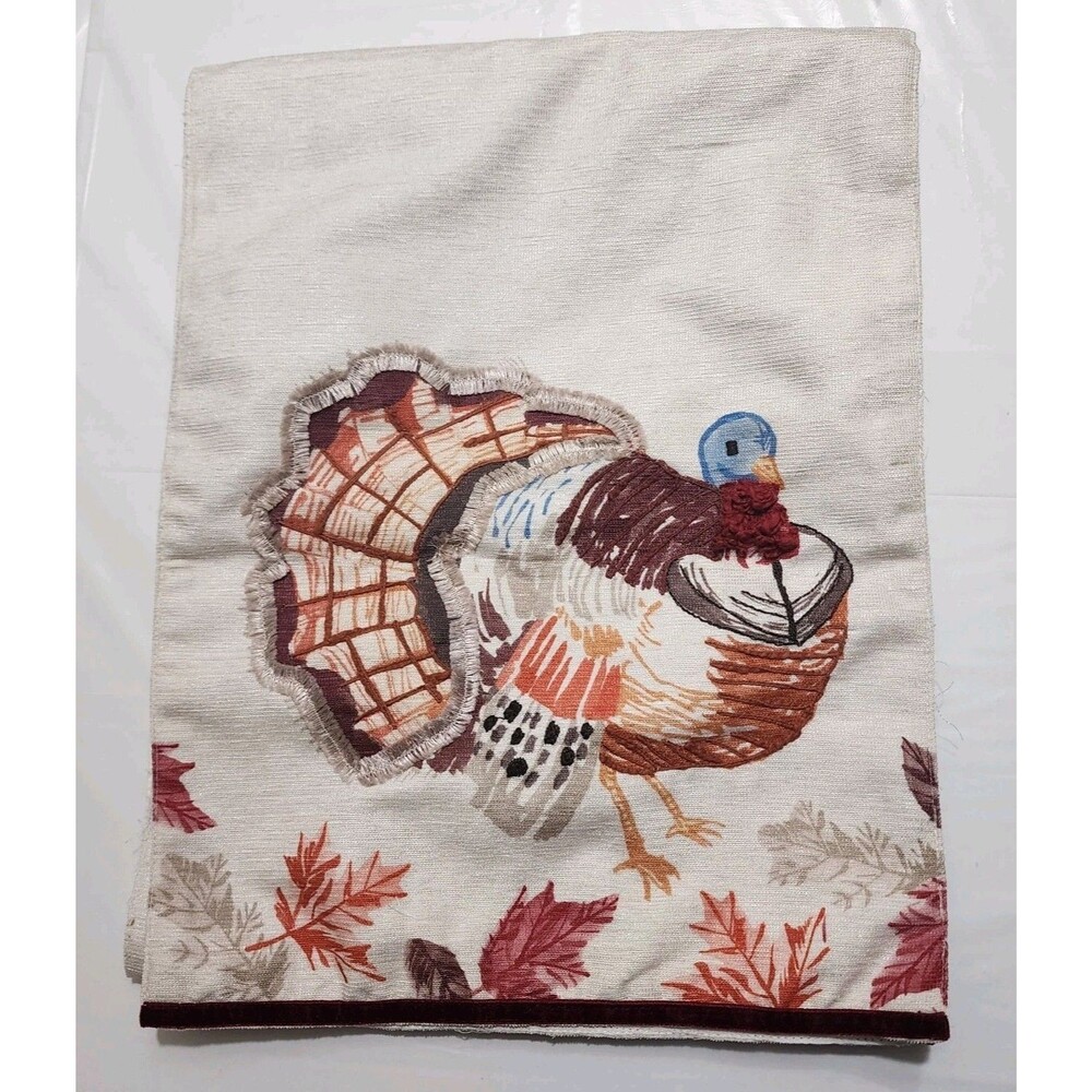 Fall Table Runner Printed, Embroidered And Stitched Turkey 13"x 72" Thanksgiving